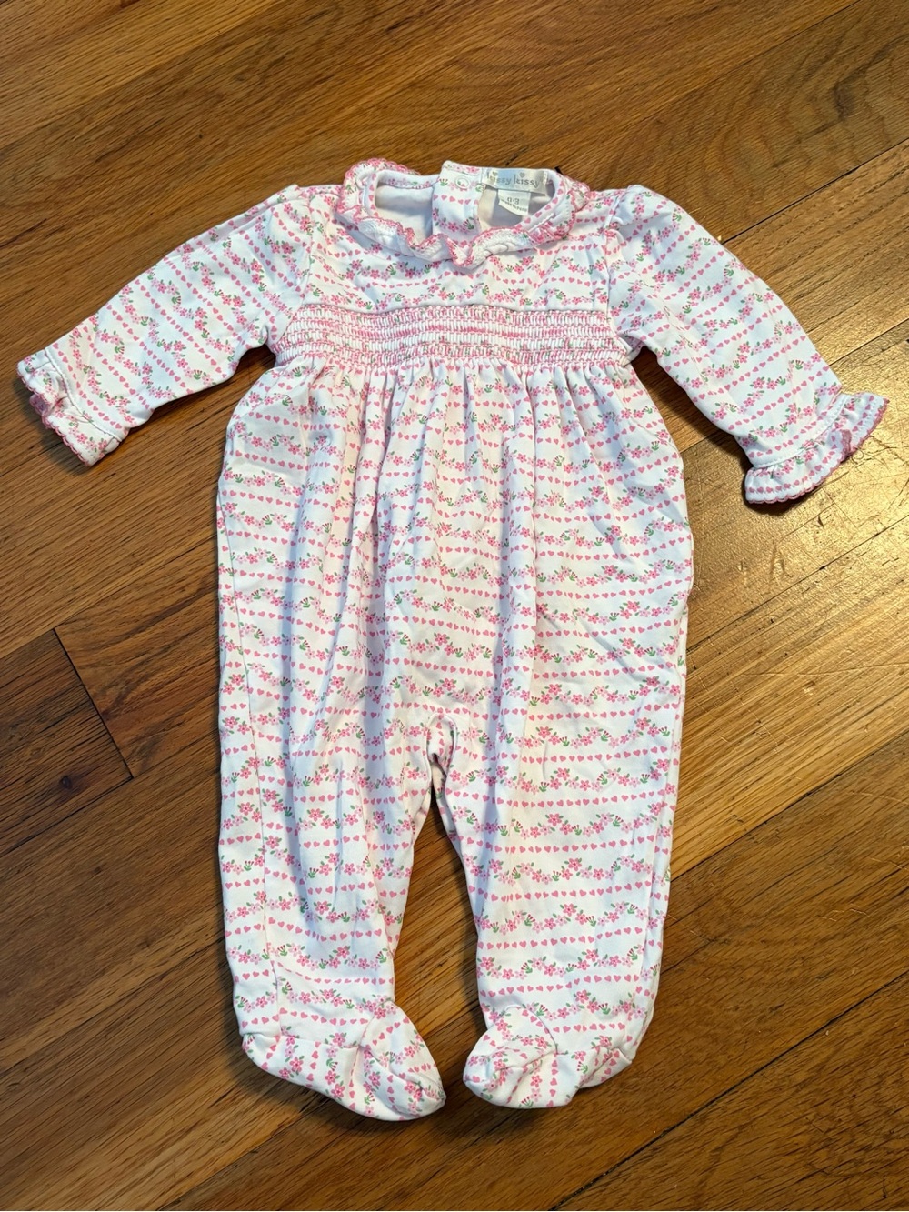 Kissy Kissy White and Pink Floral Smocked Footie